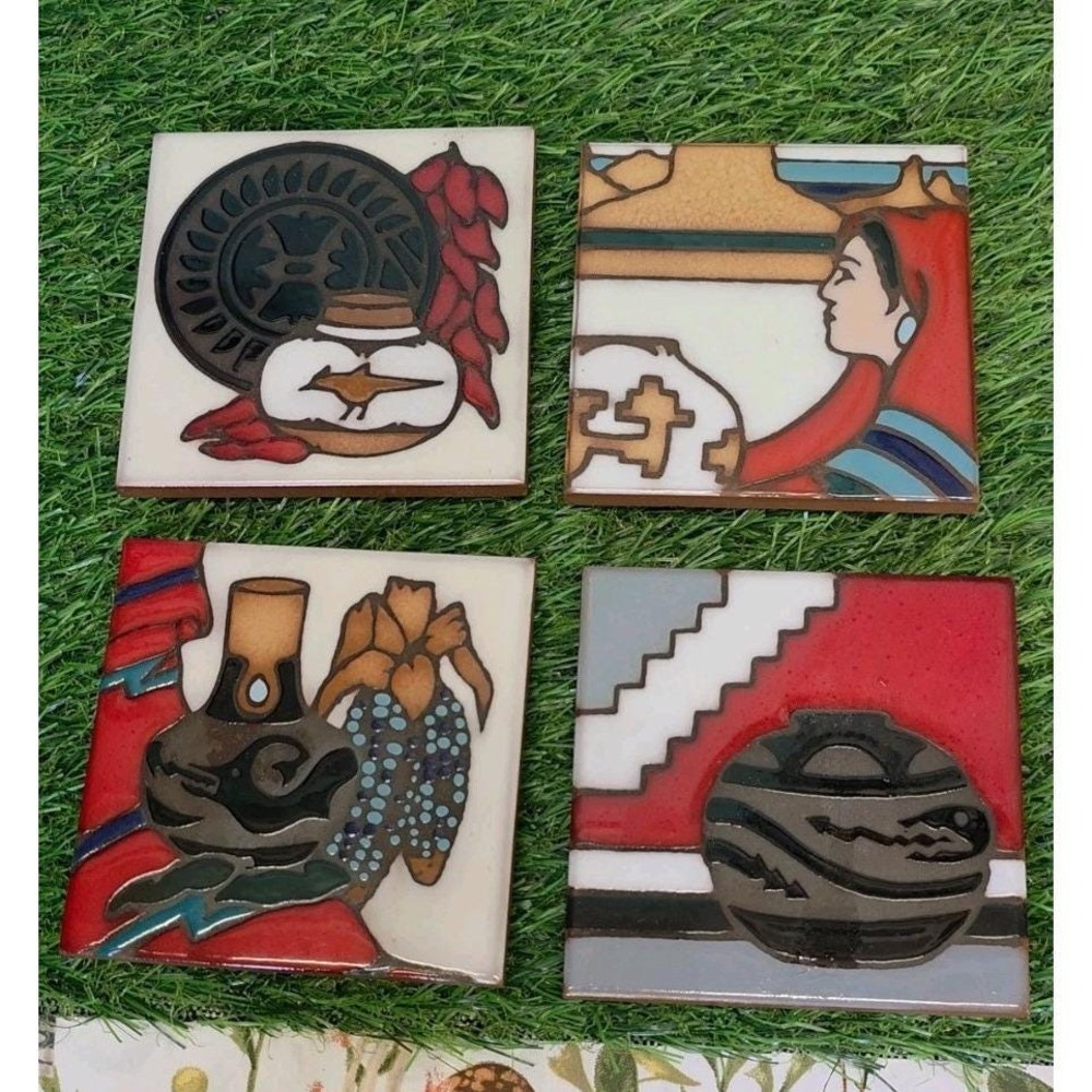 Masterworks Handcrafted Set Of 4 Ceramic Tile Trivet/Coaster Southwestern Theme